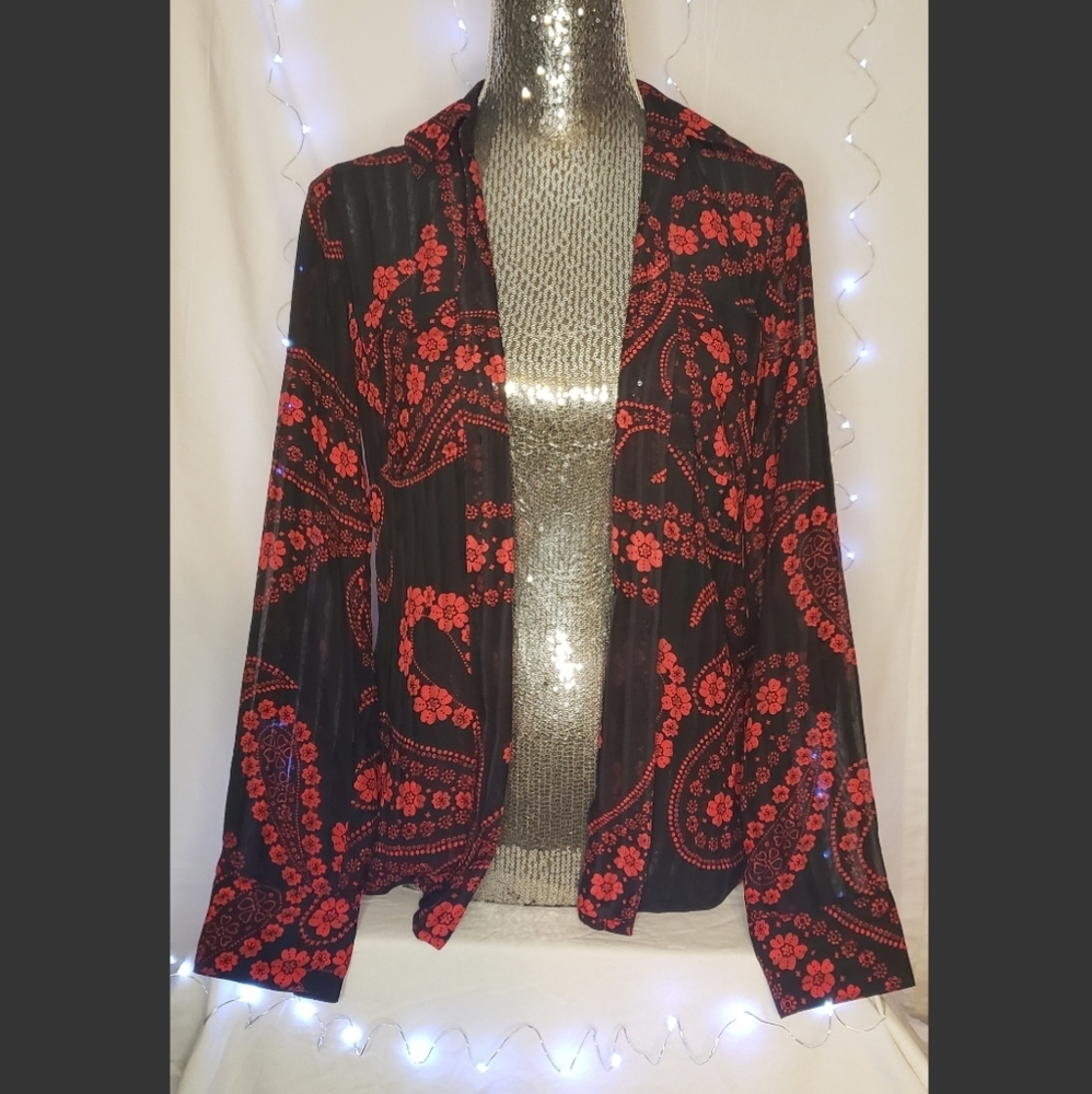 Black and red Express Portofino Slim sheer blouse.